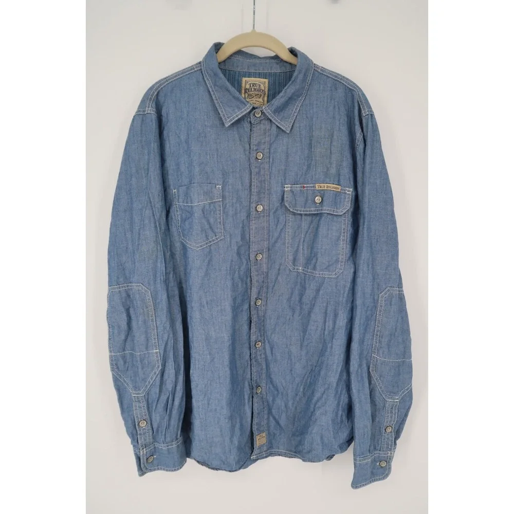 True Religion Mens XL Blue Denim Western Style L/S Button Front‎ Shirt